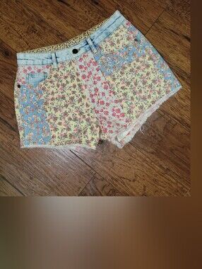 Anthropologie Patchwork Floral Denim Shorts - Blue, Yellow, Pink